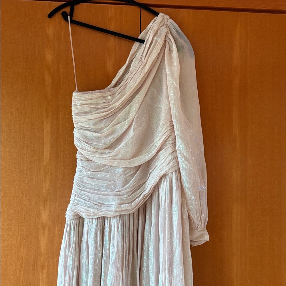BHLDN Jade Metallic One-Shoulder Asymmetrical-Waist Gown Antgropologie - Picture 5 of 7